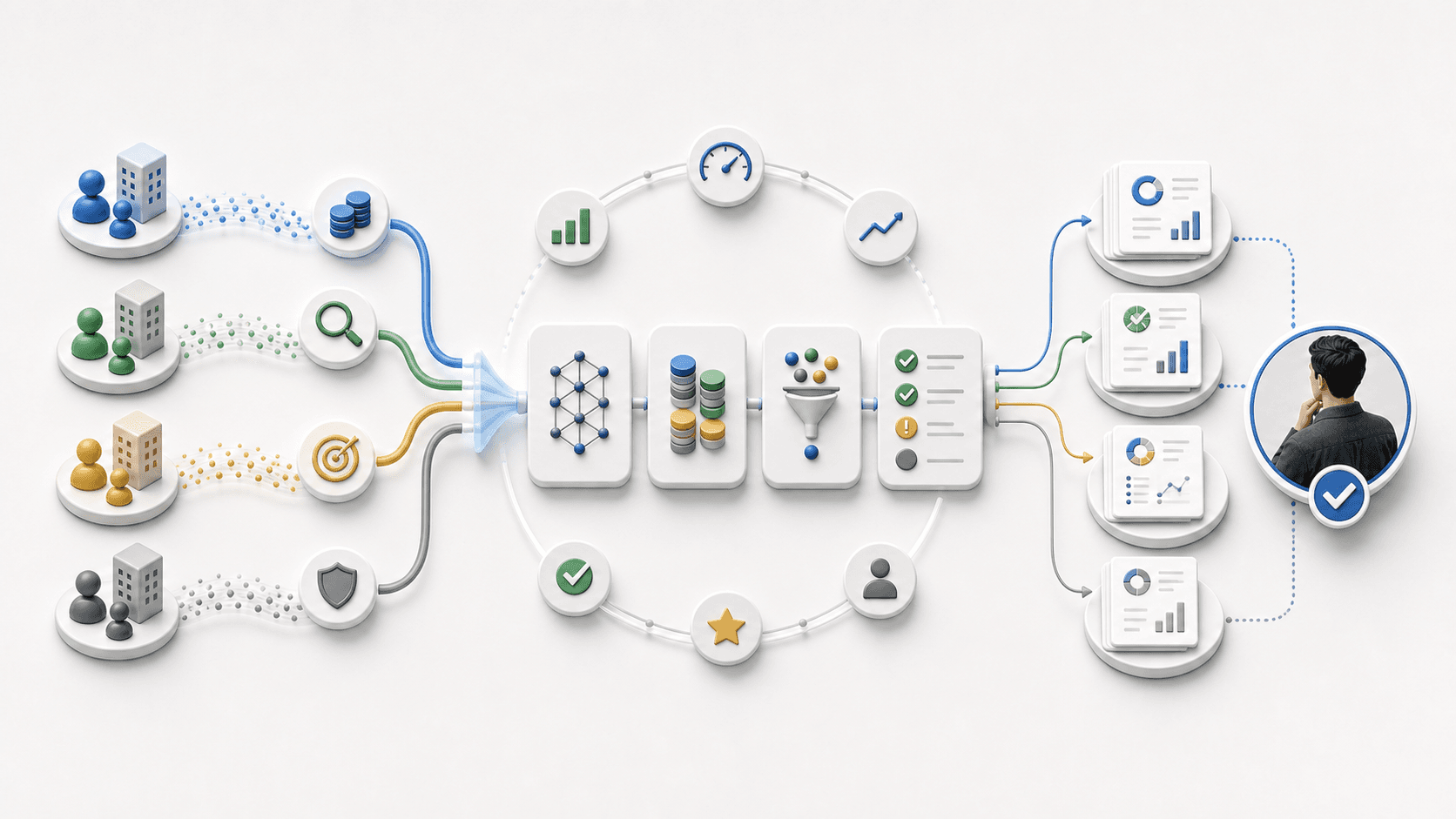 Visual guide to agency AI agent evaluation lanes for manager accounts, collaboration, reporting, and reviewed changes.
