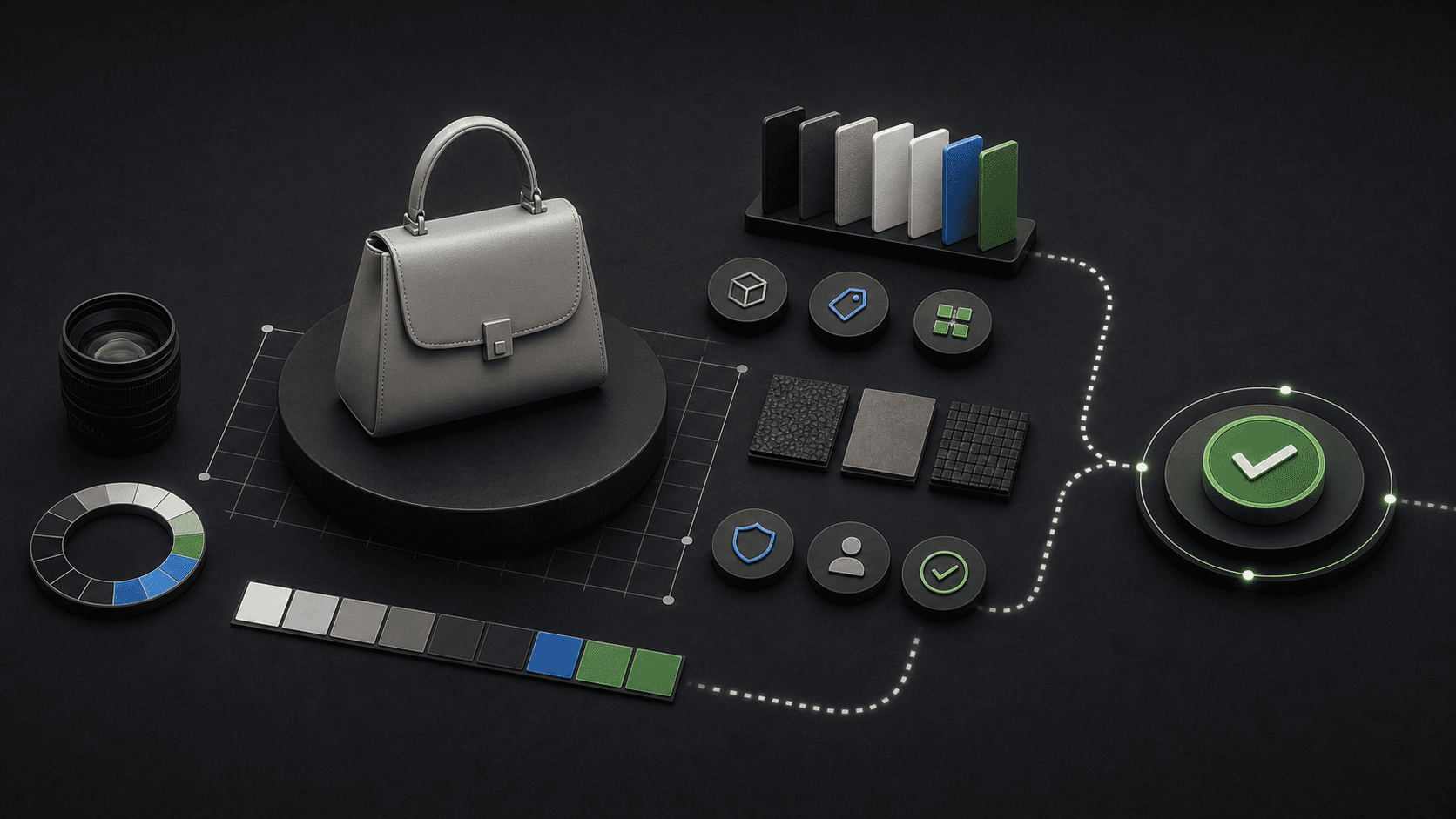 Visual guide to generated product imagery checked against catalog truth and brand fidelity markers.
