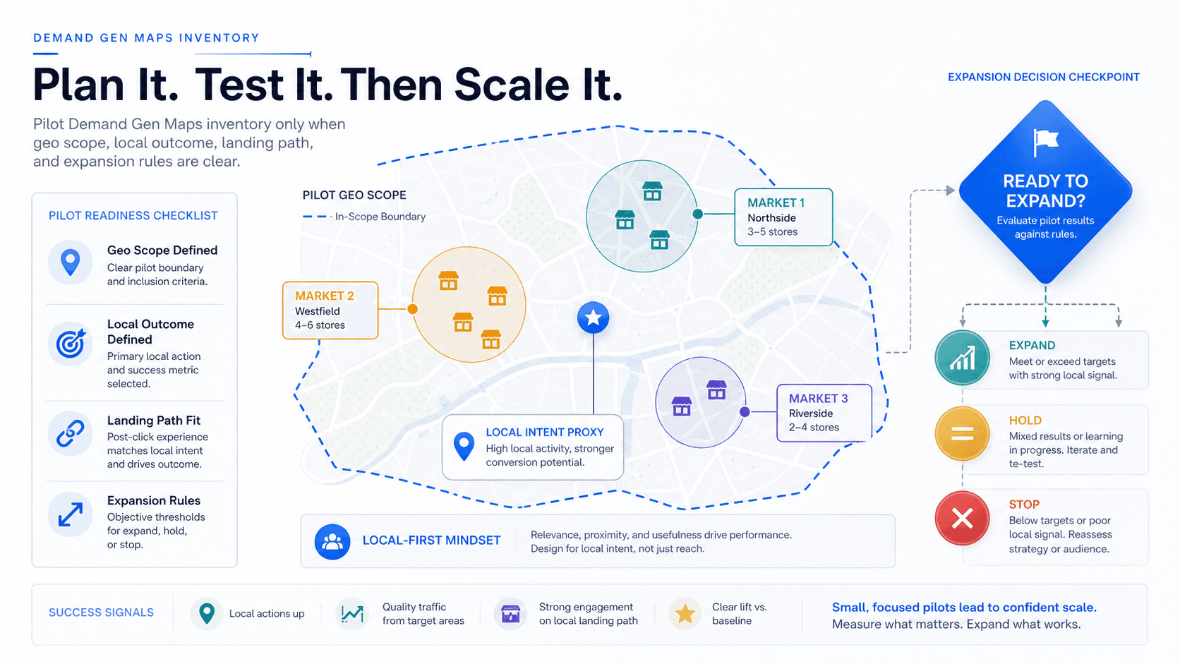 Visual guide to local-market scope, landing-path fit, and expand, hold, or stop rules for a Demand Gen Maps inventory pilot.