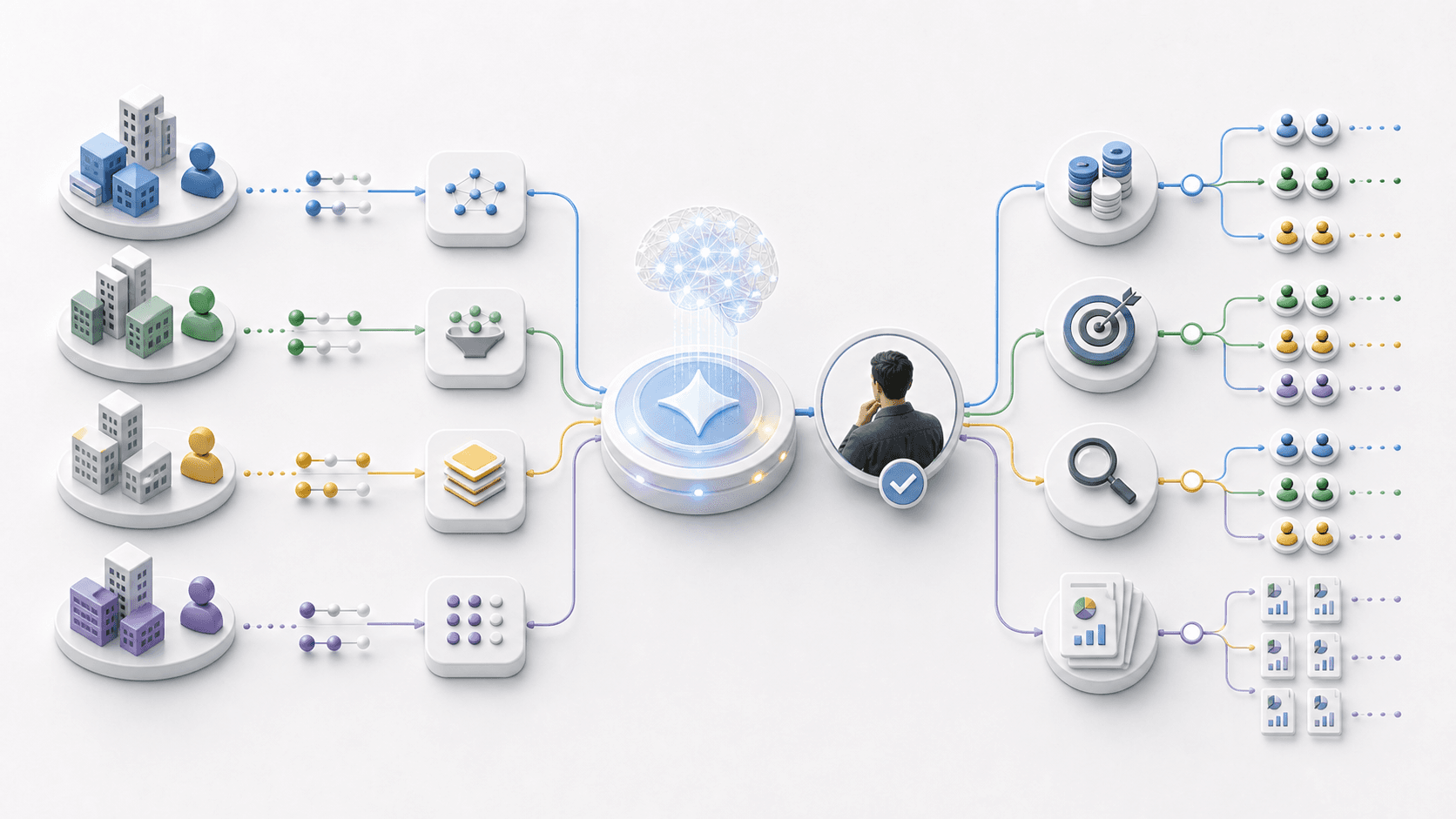 A Google Ads account management stack across account clusters, reporting, automation, and reviewed next steps.