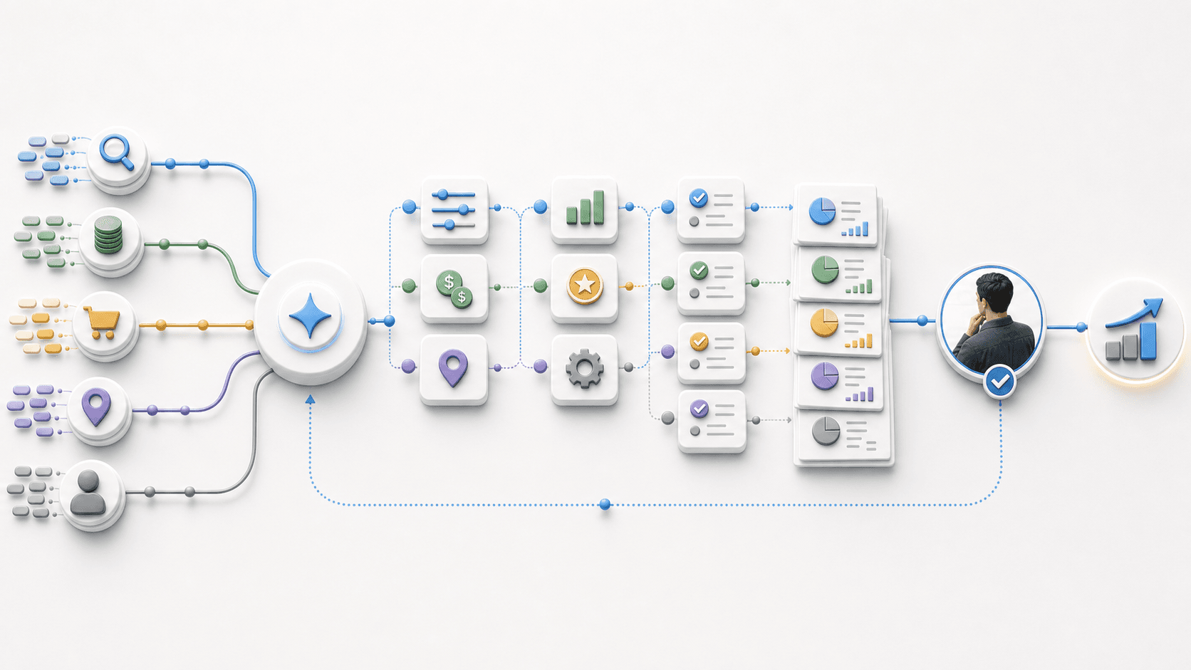 Visual guide to Google Ads workflow stages from diagnosis to reporting, approval, and follow-up.