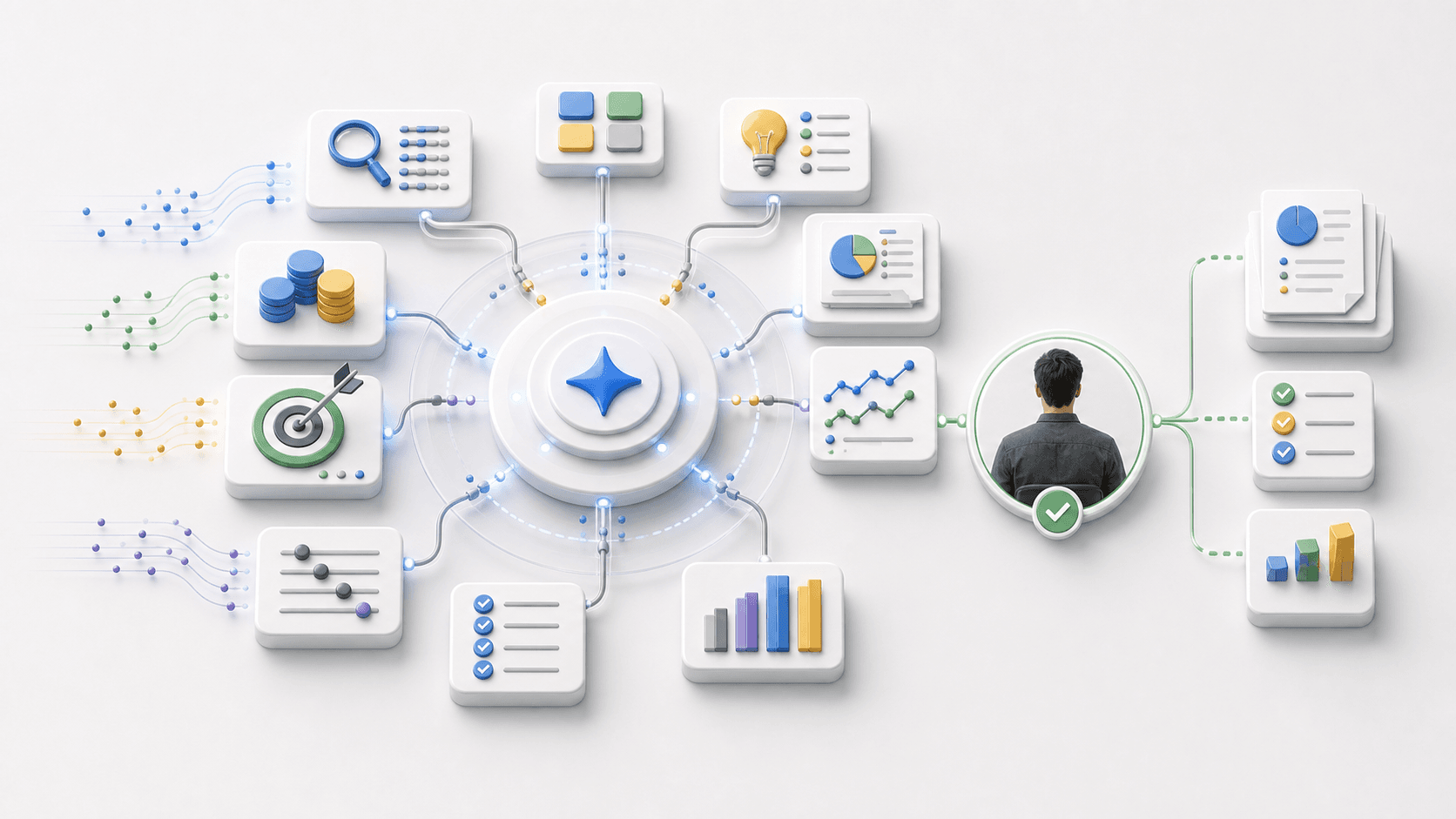 Editorial graphic mapping native Google Ads automation, rule automation, dashboards, and AI-agent review and reporting help.