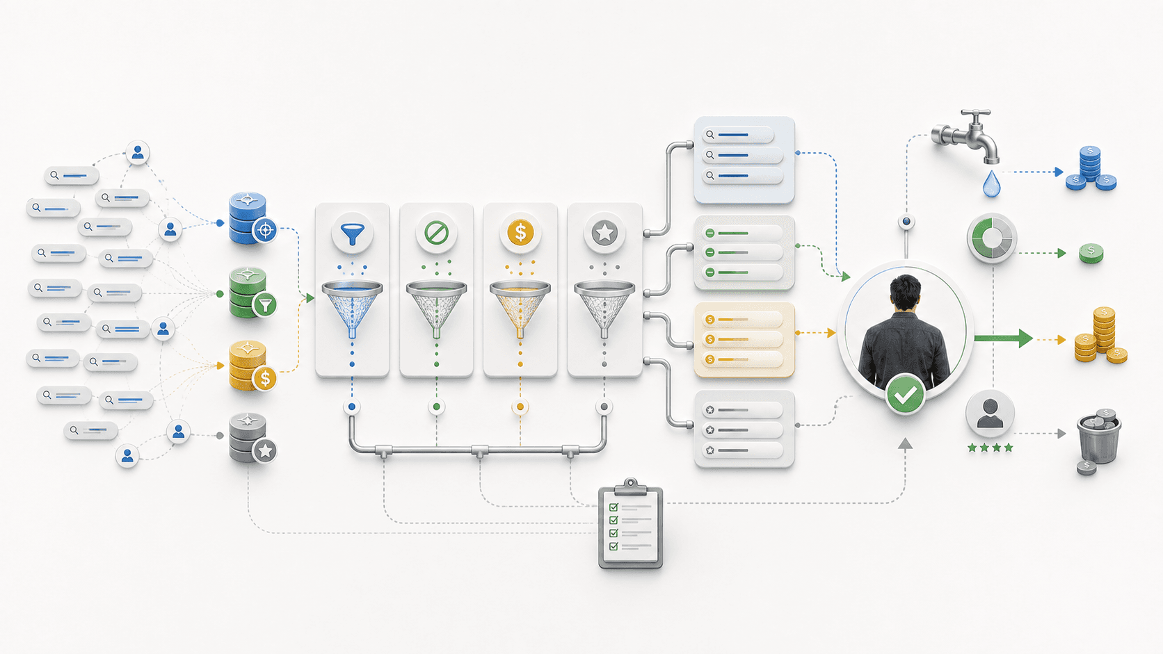 Visual guide to Google Ads spend leaks filtered into reviewed negative keyword and optimization actions.