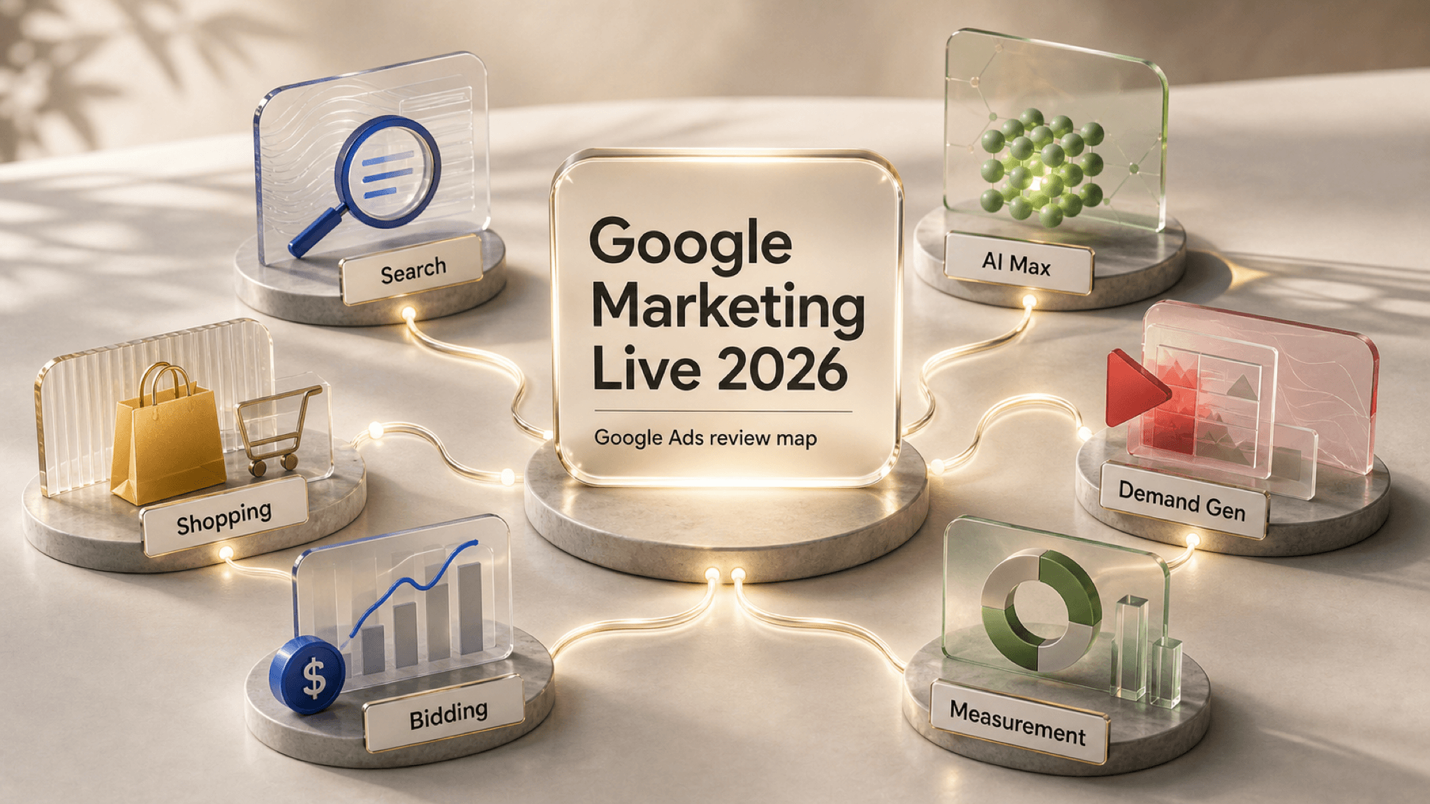 Editorial map of Google Marketing Live 2026 priorities across Search, Shopping, creative, bidding, data, and measurement.