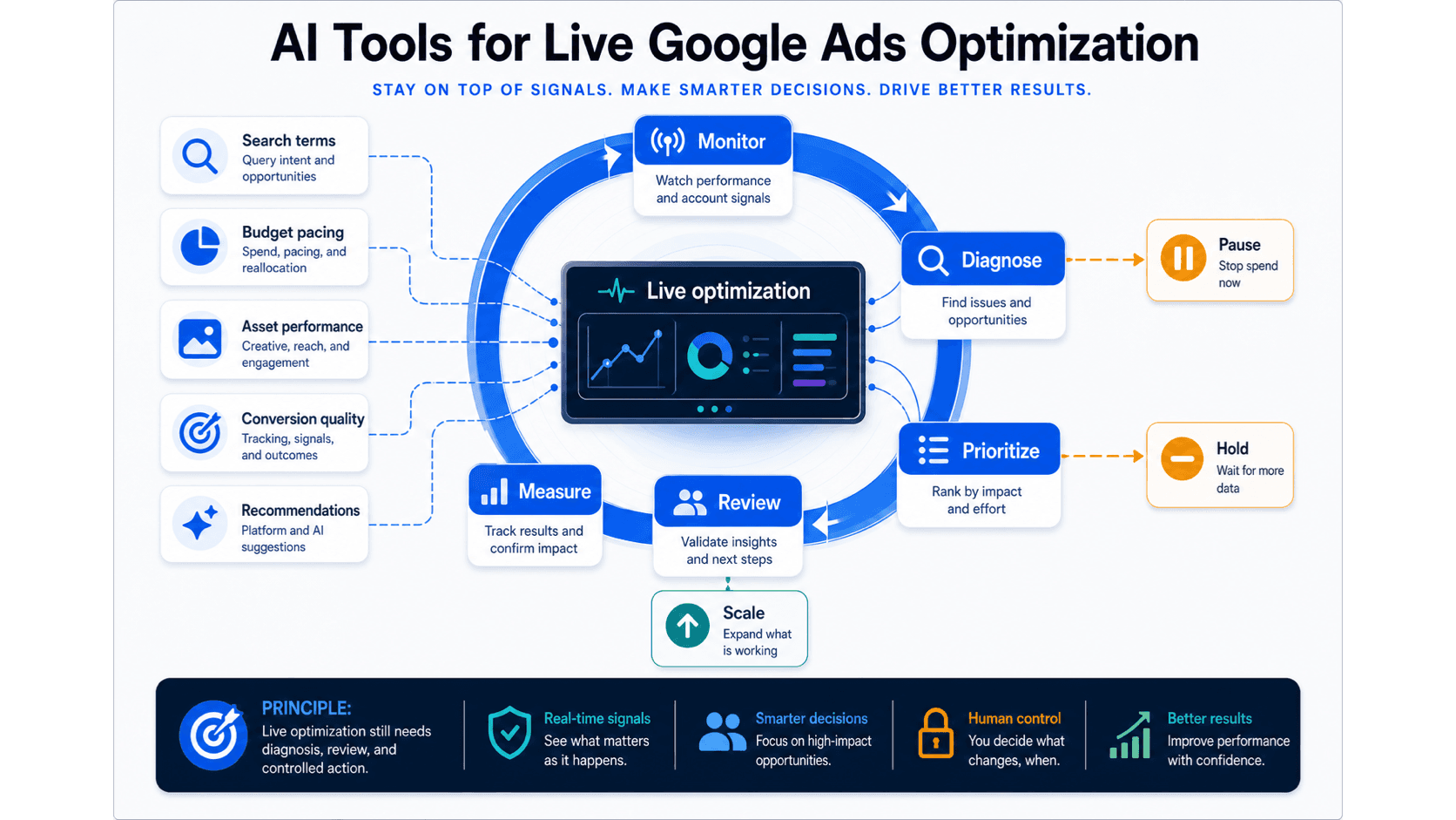 Visual guide to live Google Ads optimization signals moving through ranked review and monitored next actions.