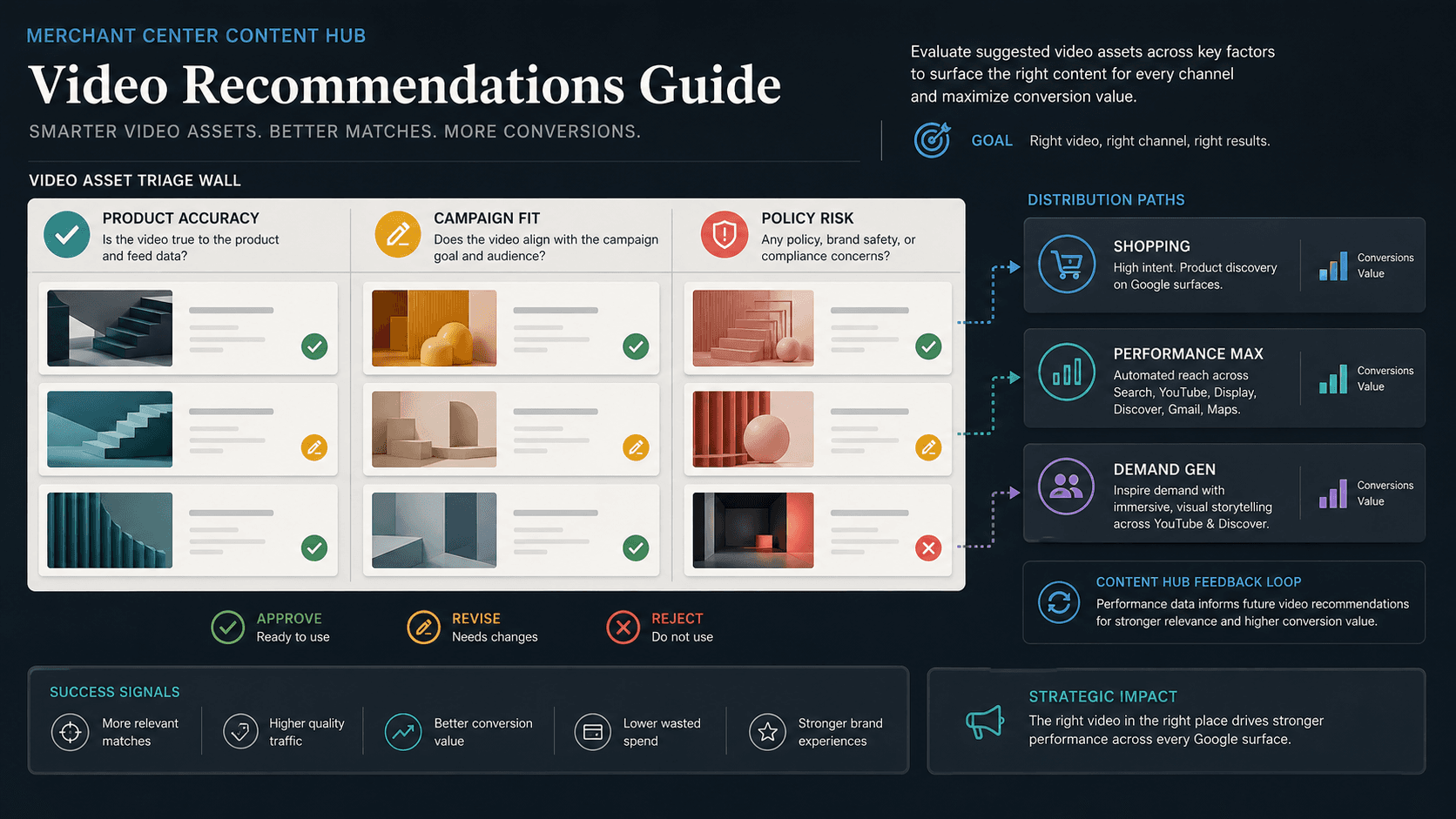 Visual guide to product accuracy, campaign fit, and policy-risk checks for suggested Merchant Center video assets.