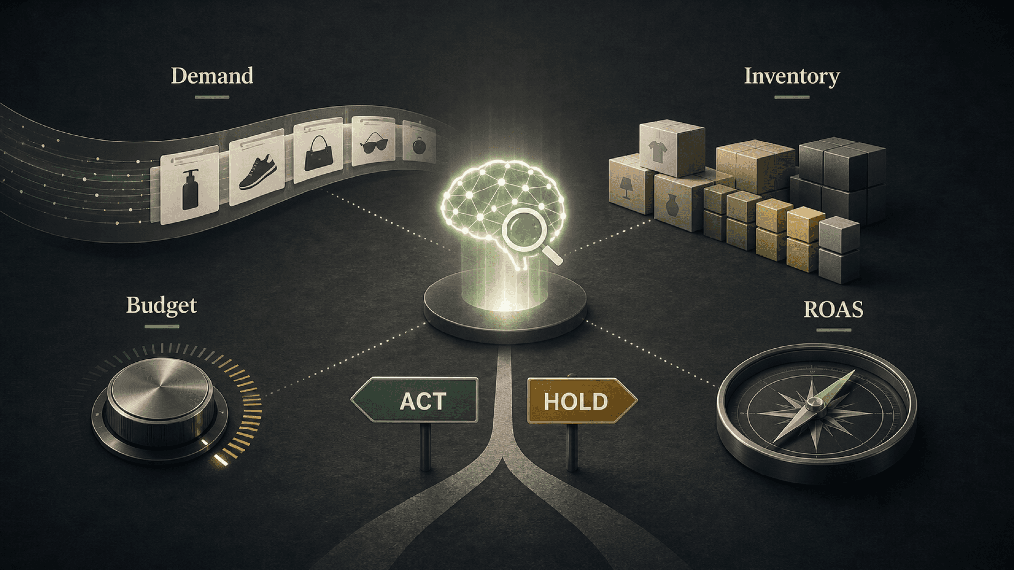 Visual guide to predictive insights checked against demand, inventory, budget, and ROAS before ecommerce action.