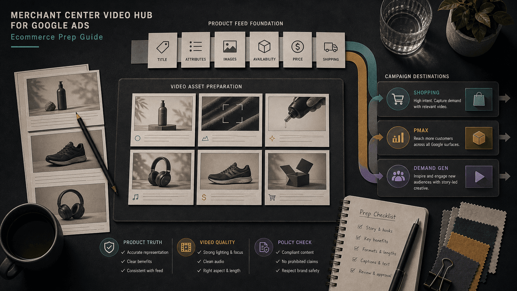 Visual guide to product truth, video quality, and policy checks before Shopping, Performance Max, and Demand Gen use.