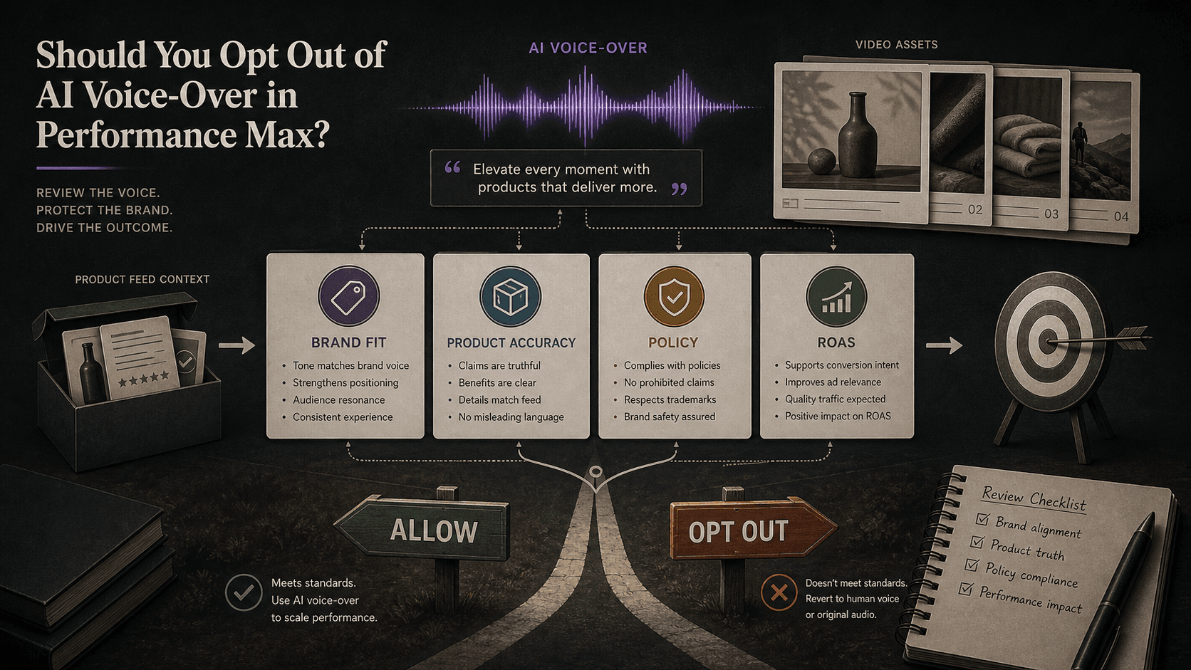 Visual guide to brand fit, product accuracy, policy, and ROAS checks before a Performance Max AI voice-over decision.