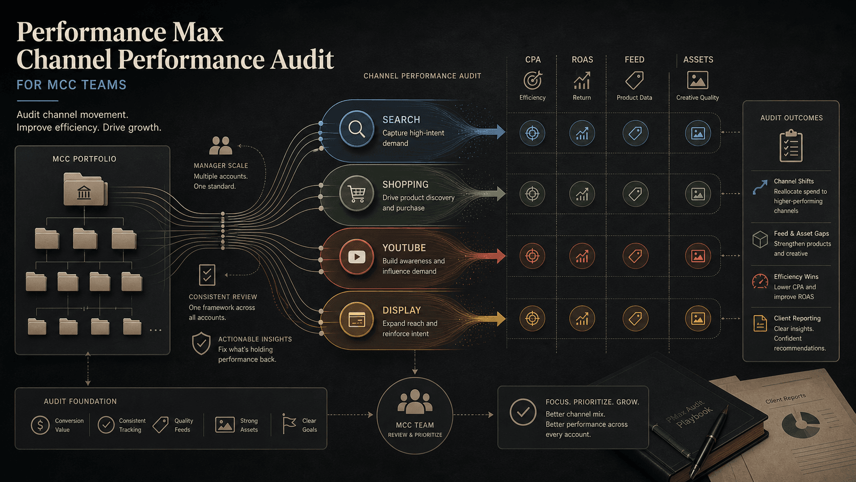 Visual guide to account folders flowing into Search, Shopping, YouTube, and Display Performance Max channel review.