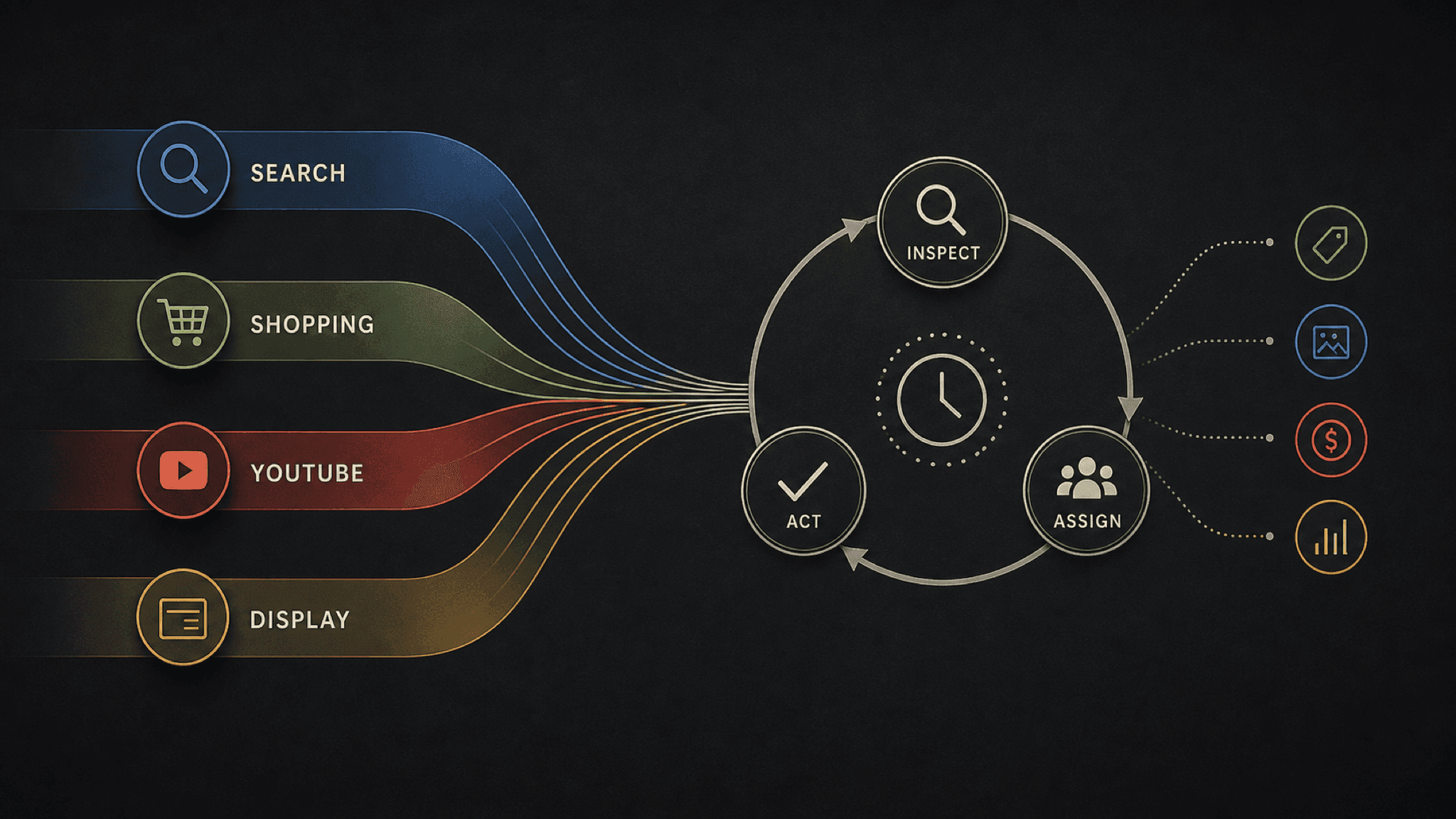 Visual guide to Search, Shopping, YouTube, and Display channel signals flowing into a weekly inspect, assign, and act loop.