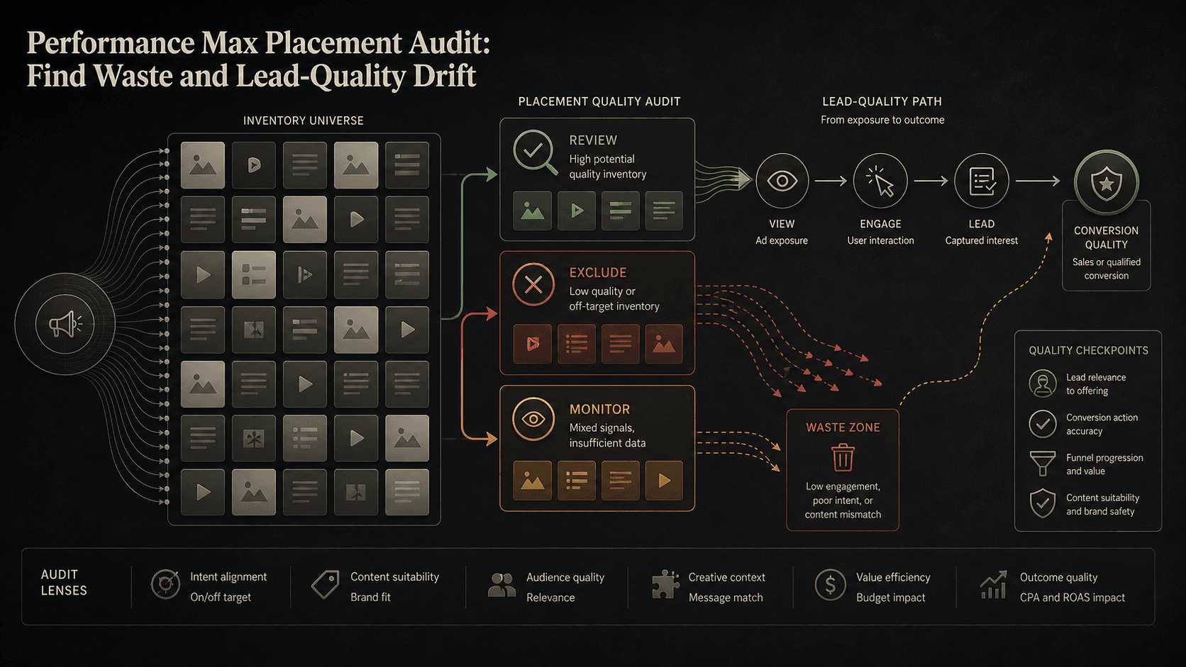 Visual guide to Performance Max placement inventory sorted into review, exclude, and monitor paths tied to lead quality.