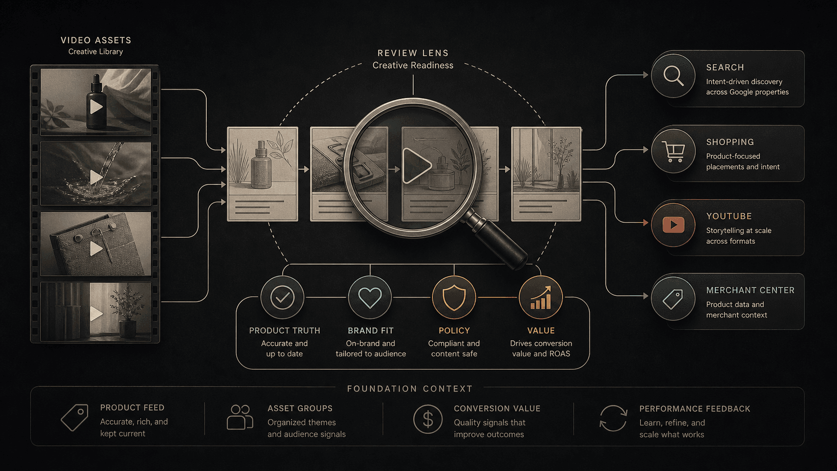 Visual guide to Performance Max video assets checked against product truth, brand fit, policy, and value across Search and Shopping context.