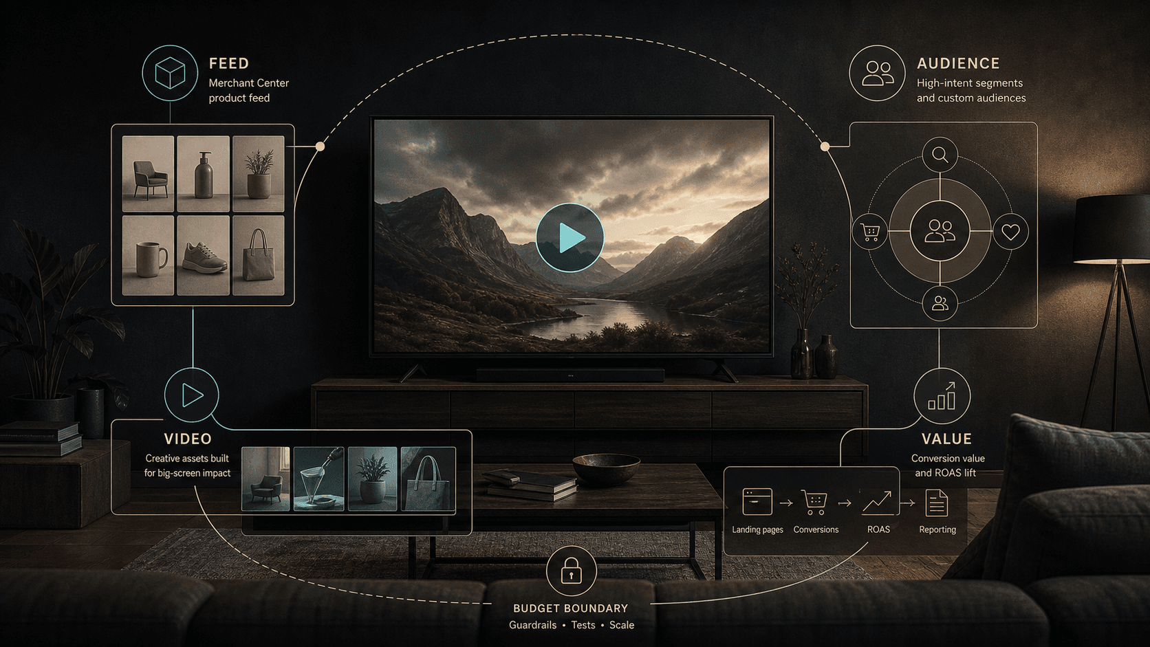 Visual guide to feed, video, audience, and value checks before a Demand Gen shoppable CTV test.