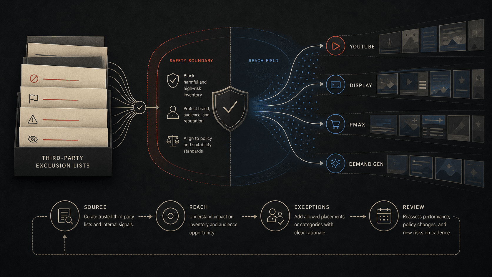 Visual guide to source, reach, exceptions, and review checks before applying third-party exclusion lists.