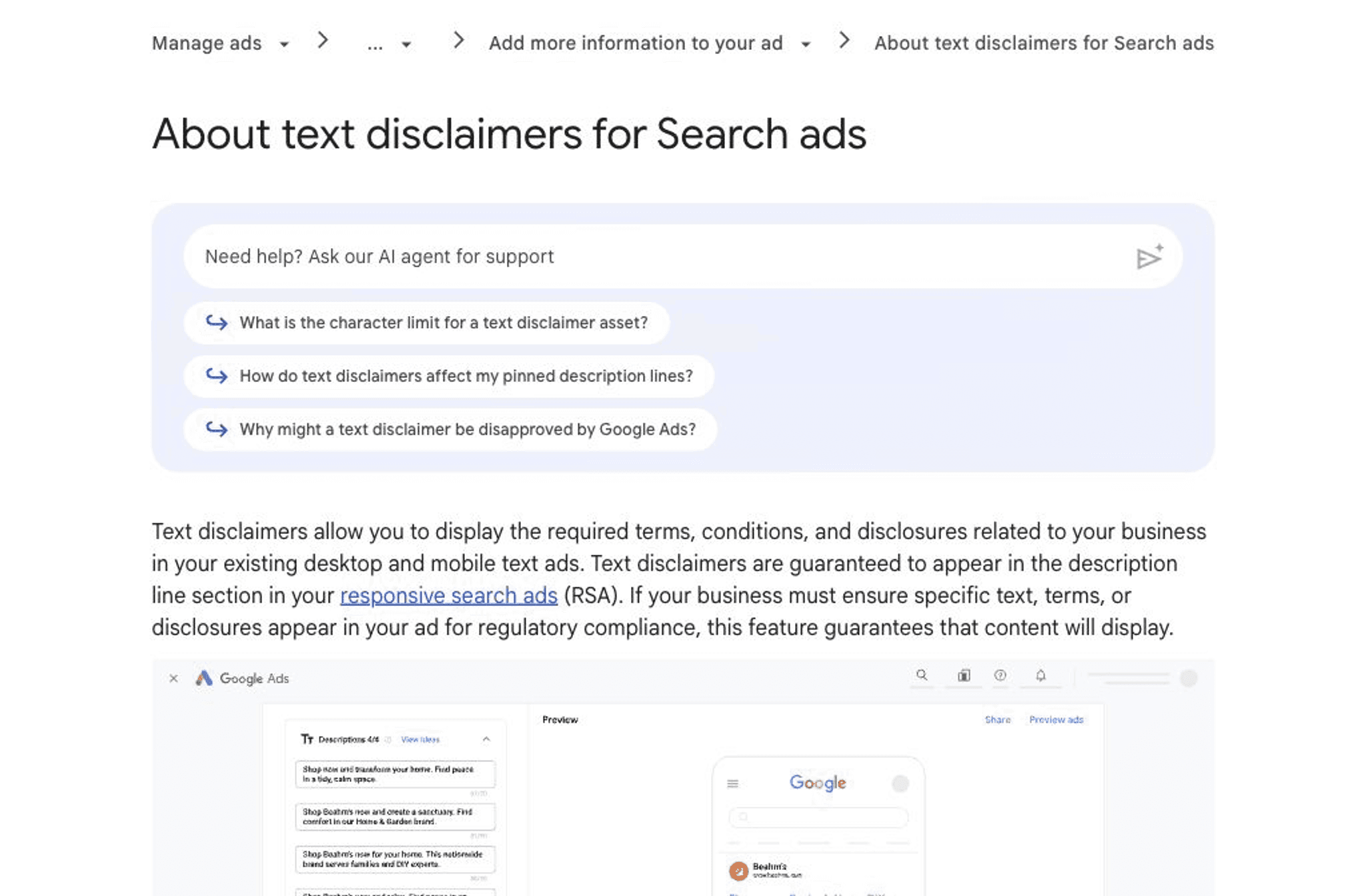 Google Ads Help page about text disclaimers for Search ads.